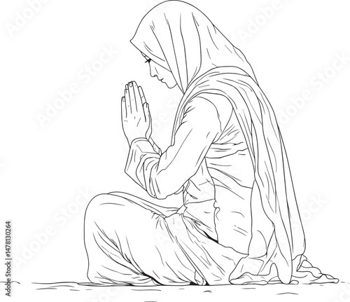 Muslim Man Praying – Islamic Line Art Illustration in Traditional Clothing and Peaceful Sitting Posture