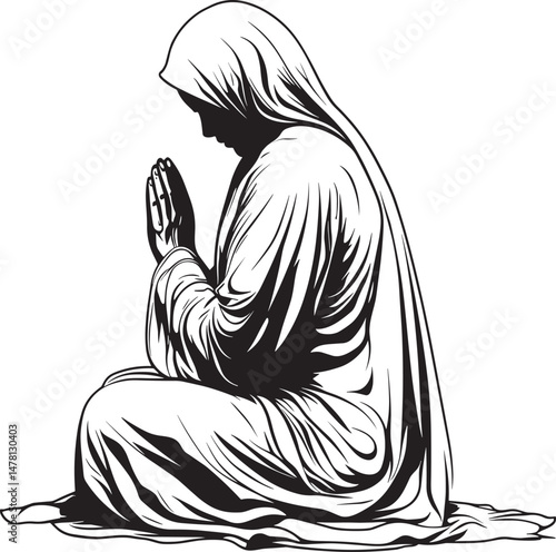 Muslim Man Praying – Islamic Line Art Illustration in Traditional Clothing and Peaceful Sitting Posture