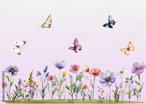 Watercolor flowers and butterflies above them, vector illustration, meadow, bloom, summer,