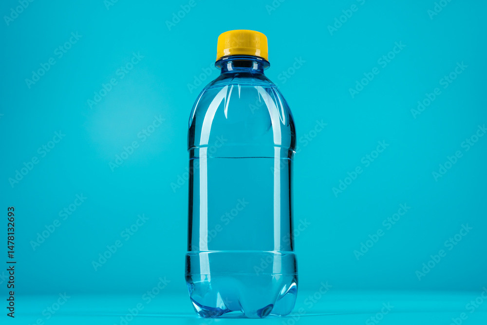 Minimalist photo of water bottle with central composition. Plastic water bottle with yellow cap on the blue background. Minimalist photo of water bottle with central composition. Plastic water bottle with yellow cap on the blue background.