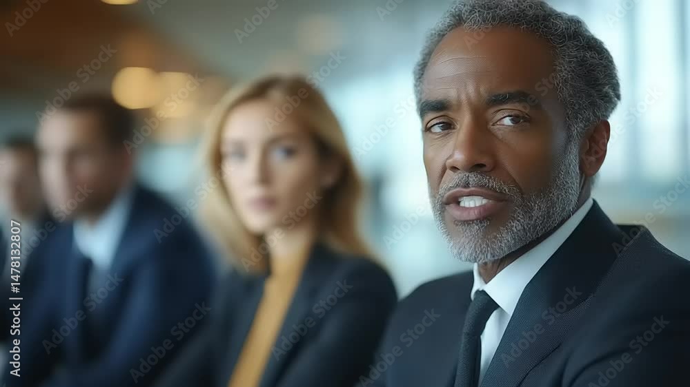 Business meeting focused on a senior leader Business meeting focused on a senior leader