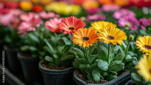 Wallpaper Mural Vibrant flower display in small pots showcasing various colors. Torontodigital.ca