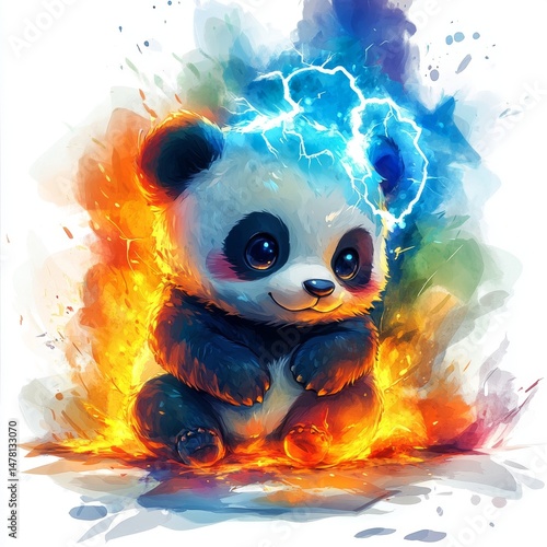 A Whimsical Digital Illustration of an Adorable Panda Cub with Electric Power