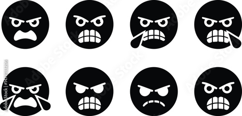 Collection of grumpy emoticon faces in black and white illustrating different angry expressions