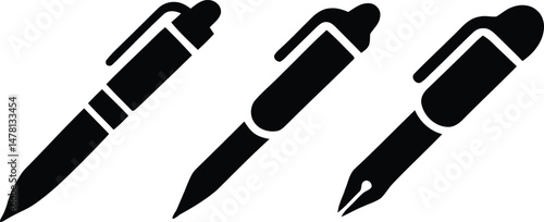 Three black stylized pen and fountain pen icons for design and writing concepts