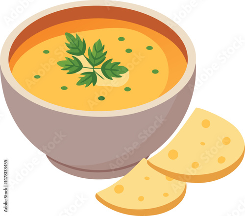Creamy soup in a bowl with crackers illustration