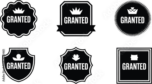 Six black and white granted badges with crown icons and various artistic designs
