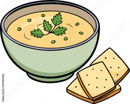 Creamy soup in a bowl with crackers illustration