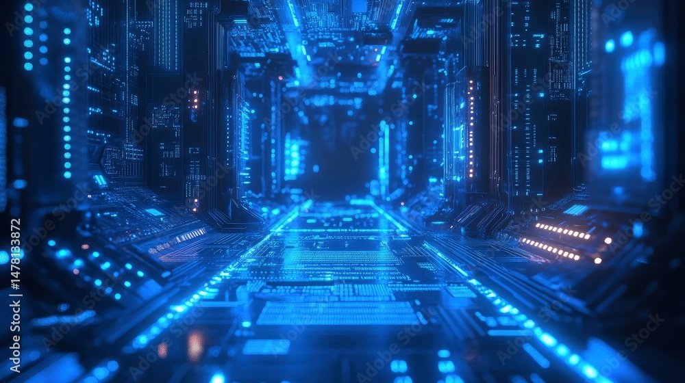 Cyberpunk Circuitry: Glowing Blue Digital Corridor Cyberpunk Circuitry: Glowing Blue Digital Corridor