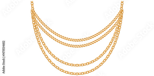 Layered Gold Chains Necklace On White Background, Unique Fine Jewelry Vector Illustration.	