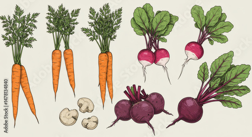 Hand-Drawn Illustration of Carrots, Beets and Mushrooms with Botanical Style on Light Background