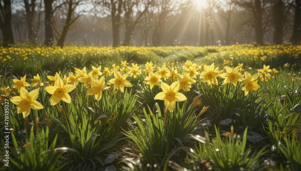 Obraz premium Golden daffodils shine brightly in a verdant meadow bathed in sunlight , outdoor, daffodils, vibrant colors