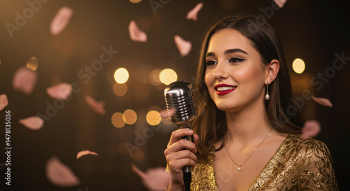 Wallpaper Mural Beautiful brunette woman holding a vintage microphone, dressed in an elegant gold dress adorned with intricate patterns, wearing pearl jewelry Torontodigital.ca