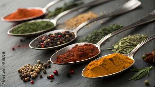 Different types of spices in a stainless steel spoon- Chili powder,coriander,cumin,turmeric,Curry powder