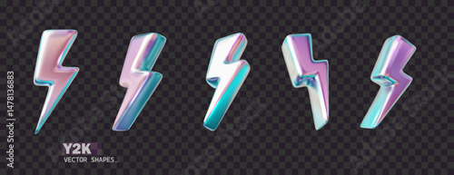 Chrome 3d lightning holographic collection. Metal realistic shape 3d chrome vector for modern futuristic design aesthetics. Y2k vector.