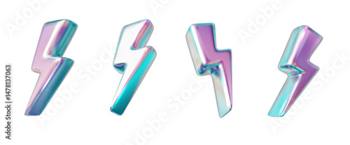 Holographic lightning 3D vector. Chrome neon gradient with shine. Symbol of energy, electricity, danger isolated