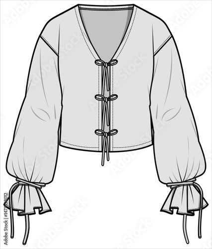 Bishop Sleeve Top with Front Knot Tie Fashion Flat Sketch Vector Illustration, CAD, Technical Drawing, Flat Drawing, Template, Mockup.