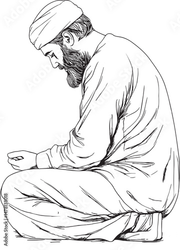 Muslim Man Praying – Islamic Line Art Illustration in Traditional Clothing and Peaceful Sitting Posture