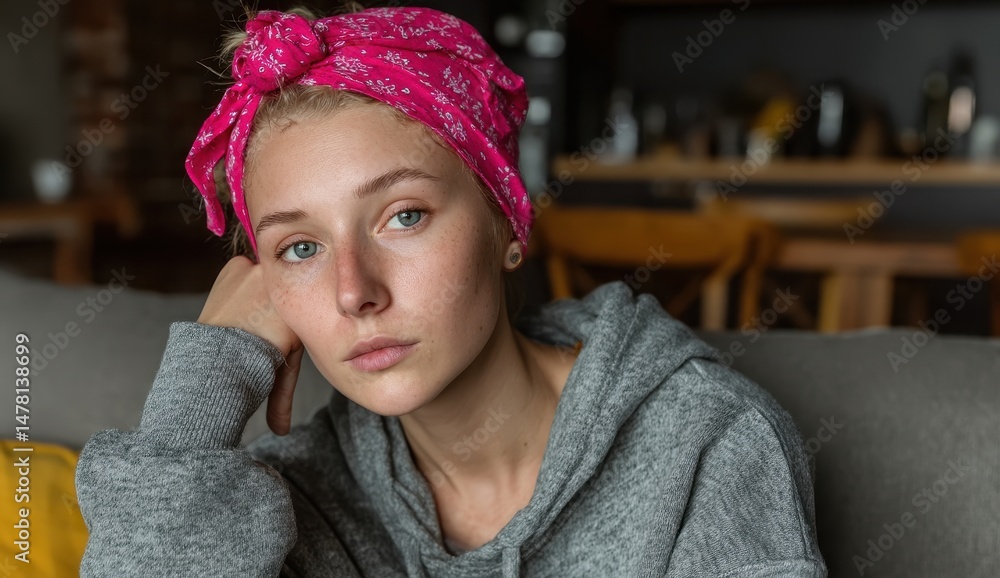 Young woman in a pink headscarf sits pensively on a couch, lost in thought. Soft light, muted colors. Young woman in a pink headscarf sits pensively on a couch, lost in thought. Soft light, muted colors.