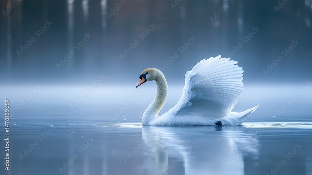 Fototapeta premium Majestic swan gracefully gliding on tranquil water.