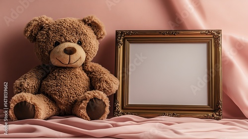 The wooden surface holds a blank picture frame accompanied by an adorable teddy bear