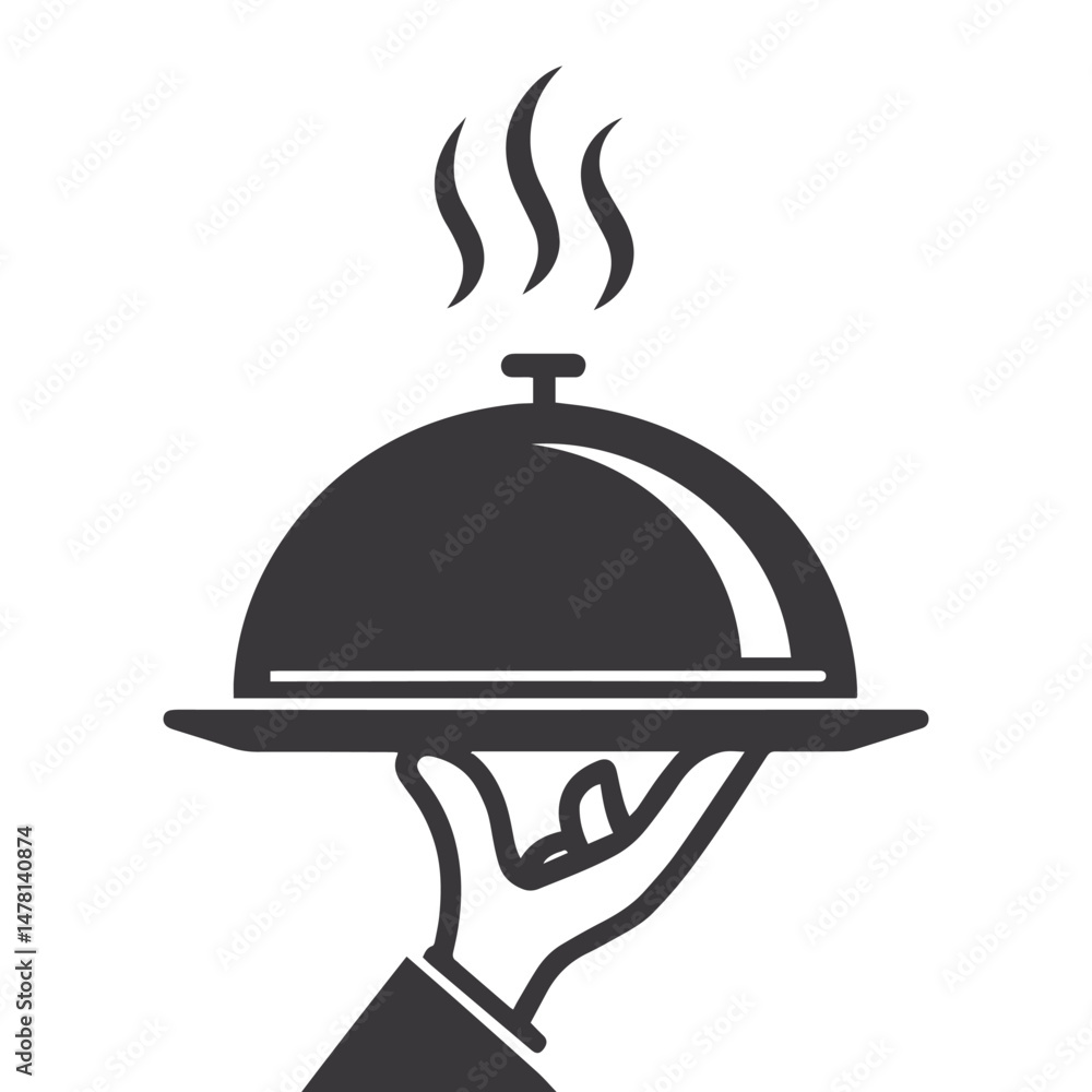Fototapeta premium Serving Hand with Steaming Platter – Minimalist Black and White Line Icon