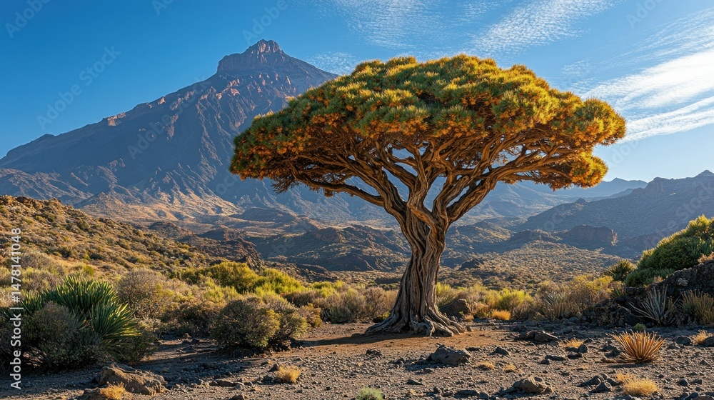 Naklejka premium Majestic tree amidst volcanic landscape