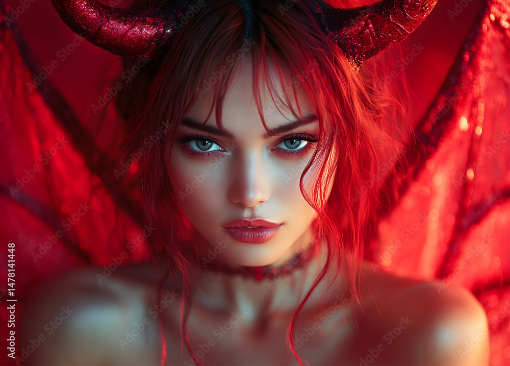 Bold fantasy portrait of a woman with red hair and devilish features in a vibrant red setting Bold fantasy portrait of a woman with red hair and devilish features in a vibrant red setting