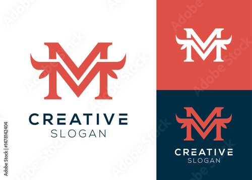 M meat logo. Letter M or MM with cow horns logo design for butcher shop and steak restaurant