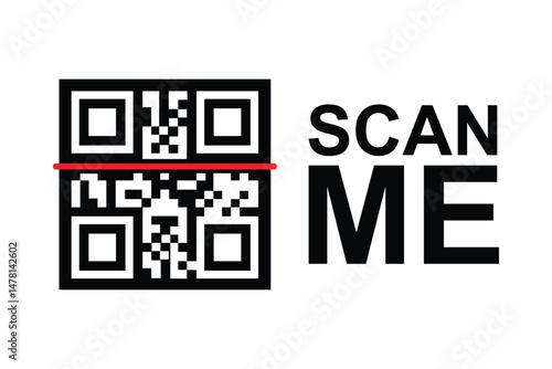 Centered black and white QR code with red horizontal line and bold 'SCAN ME' text. Angled scan frame on white. Minimalist, functional design for easy readability, neutral instruction.