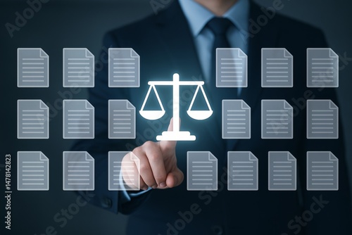 Digital Legal Solutions: Professional Lawyer with Virtual Interface and Scales Balancing Justice in a Corporate Office Environment