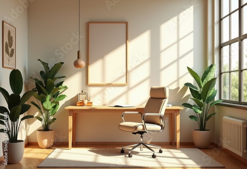 minimalist workspace natural light interior design simple furniture cozy atmosphere  office  desk  chair  plant  window  modern  decor  room  style  bright