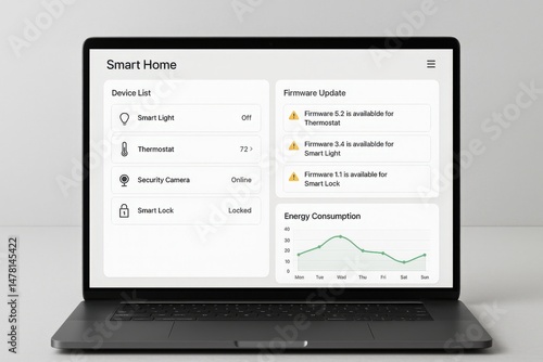 Laptop displays smart home interface with device list, firmware updates, and energy consumption graph.