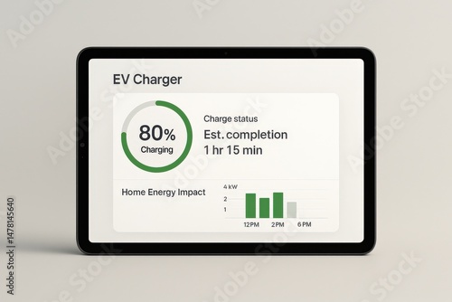 Tablet displaying EV charger interface with status and energy impact chart.