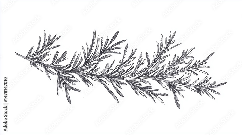 single rosemary branch, fine lines on clean white background, natural style