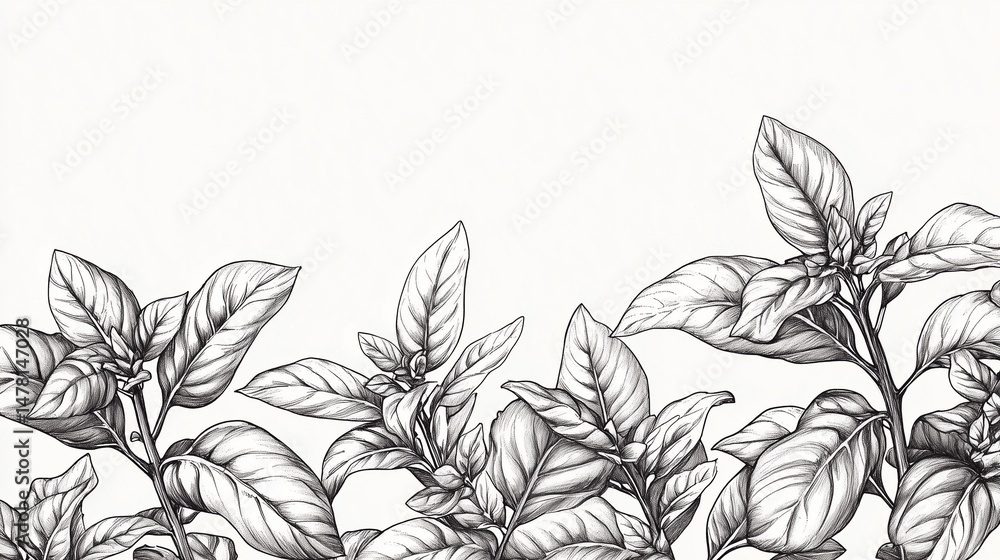 illustration of basil leaves, inked with fine liner on smooth white paper, high detail