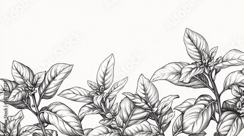 Obraz na płótnie illustration of basil leaves, inked with fine liner on smooth white paper, high detail w salonie