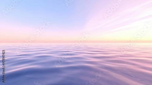 Pastel sky, calm ocean waves, tranquil scene.