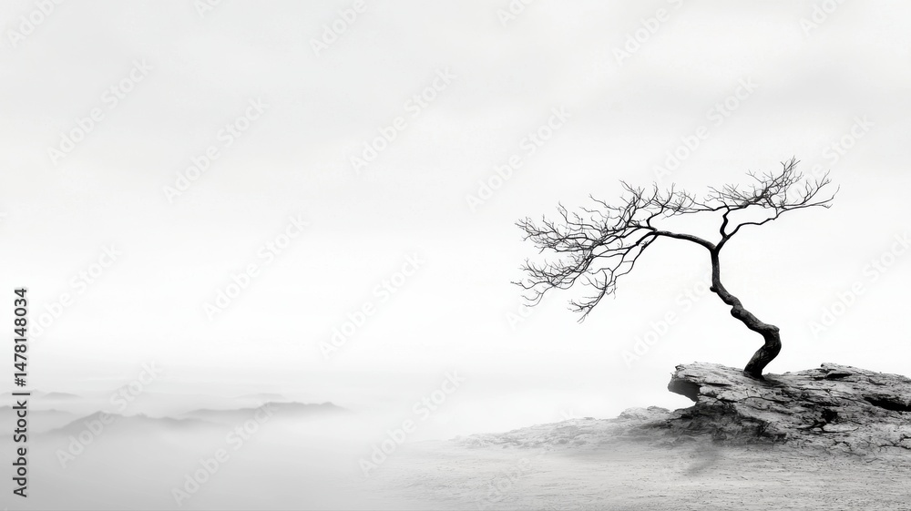 Obraz premium Solitary Bare Tree on Rocky Cliff in Misty Grayscale Landscape landscape tree cliff misty grayscale