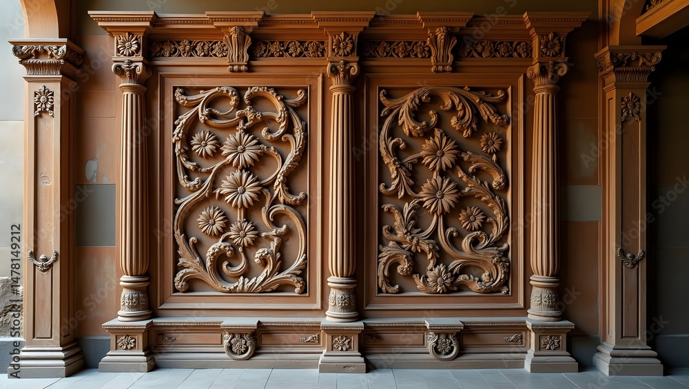 Fototapeta premium The ancient wooden door of an old church in the old town features detailed wood decoration and stone architecture