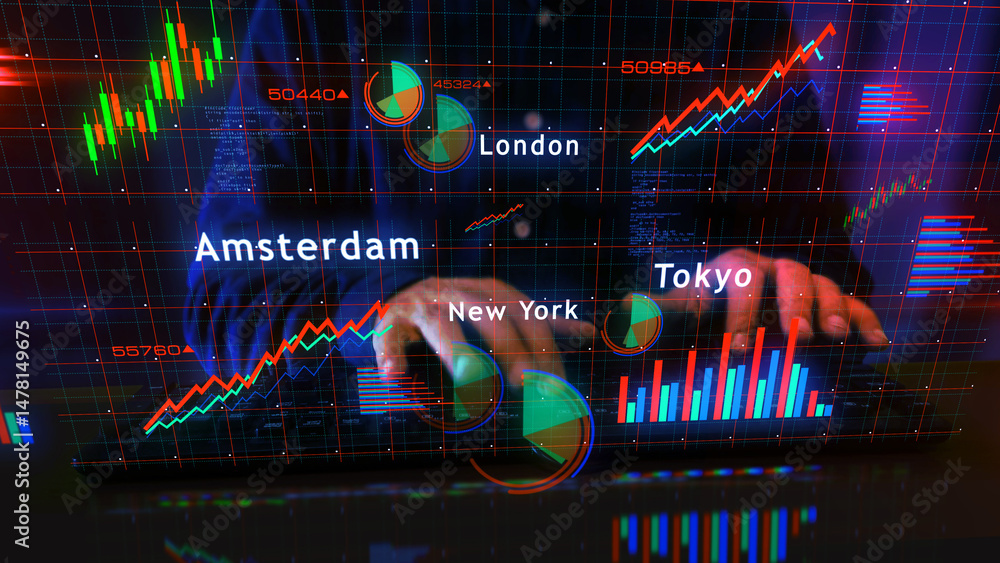 Stock exchange in the world charts graphs display with man typing keyboard