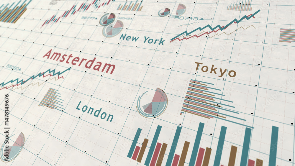 Stock exchange in the world charts and graphs diagram on paper 3d illustration