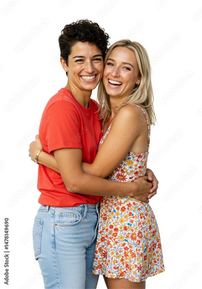 Naklejka premium Two joyful young adult women, one with short dark curly hair and the other with blonde wavy hair, share a loving embrace and smile happily, isolated against a transparent background.