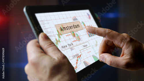 Stock exchange in the world charts graphs on touchscreen pad display