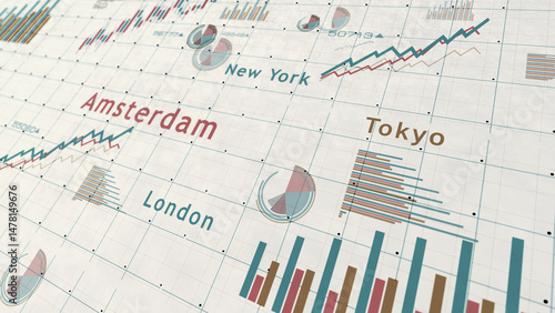 Obraz na płótnie Stock exchange in the world charts and graphs diagram on paper 3d illustration w salonie