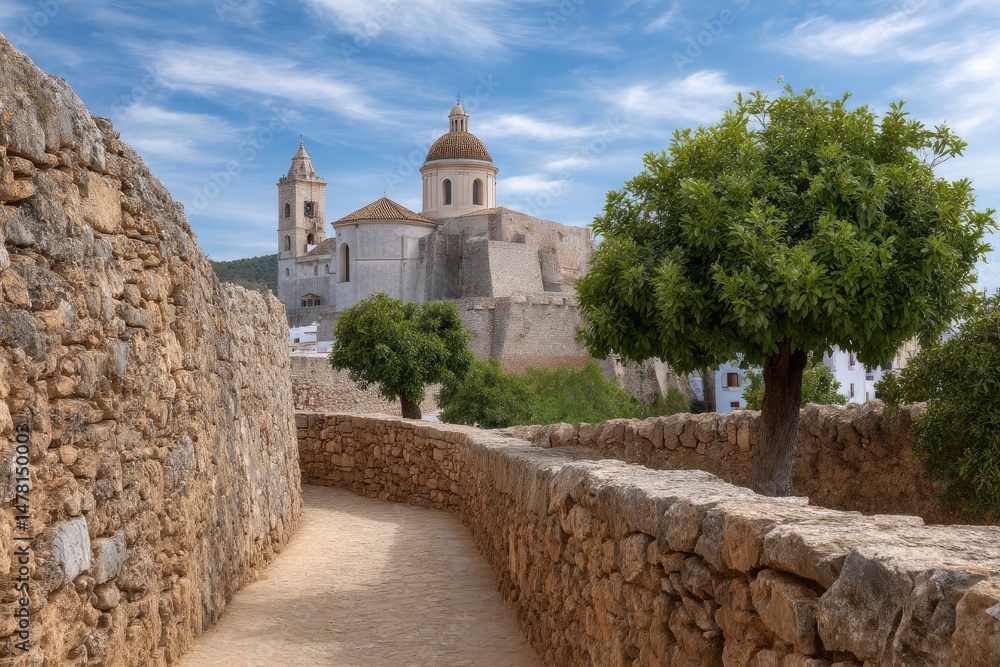 Fototapeta premium Stone Pathway to Historic Church: Mediterranean Serenity