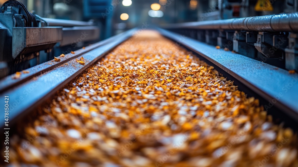 Production line with orange foliage on track amid industrial environment Production line with orange foliage on track amid industrial environment