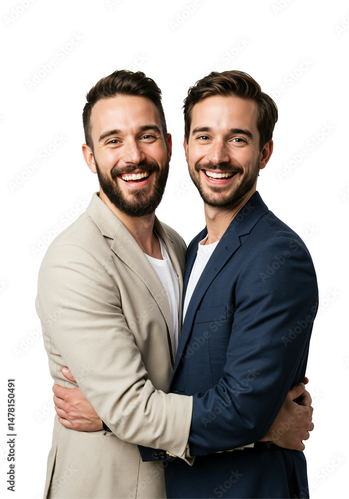 Two smiling Caucasian men in smart blazers embracing warmly, possibly a gay couple or very close lookalike friends, posing happily against a transparent background. Two smiling Caucasian men in smart blazers embracing warmly, possibly a gay couple or very close lookalike friends, posing happily against a transparent background.