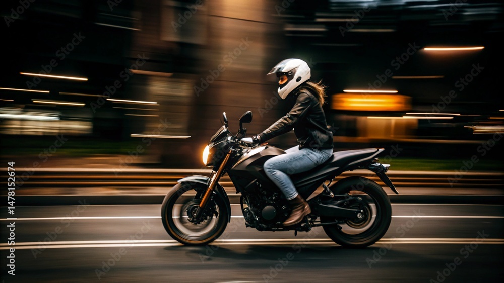 Fototapeta premium Motion Blur Shot of a Biker on Motorcycle in Night