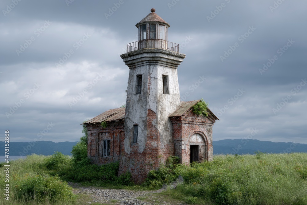 Fototapeta premium Ruined Coastal Lighthouse: A Weathered Brick and Stone Structure